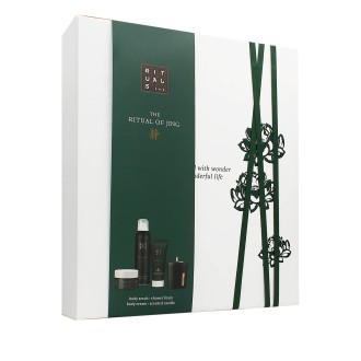 Rituals The Ritual of Jing dárková sada sprchový gel 200 ml + vonná svíčka 140 g + tělový peeling 125 g + tělový krém 100 ml